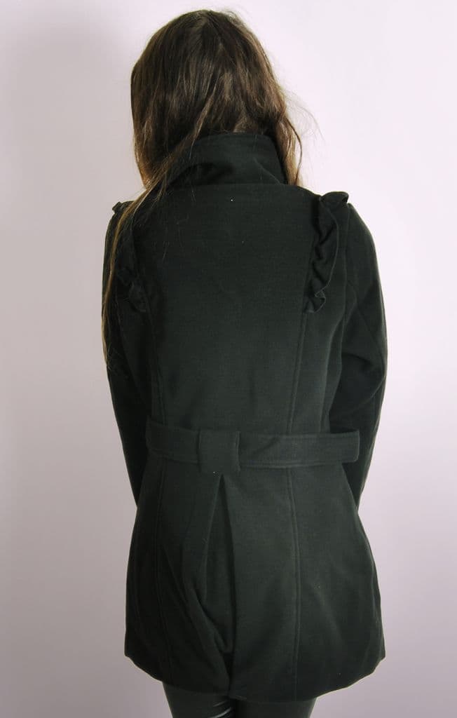 Ladies Black Military Style Coat with Frills